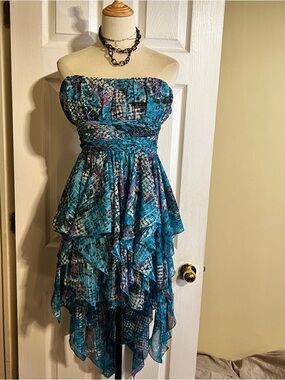 Mandee Y2K Wms Blue Metallic Asymmetric Tiered Pleated Fairycore Mini Dress S